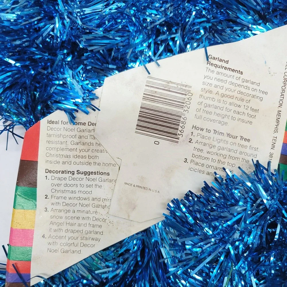 Vintage Decor Noel Tinsel Garland Blue & Green  Metallic Christmas 15/20ft 6-Ply